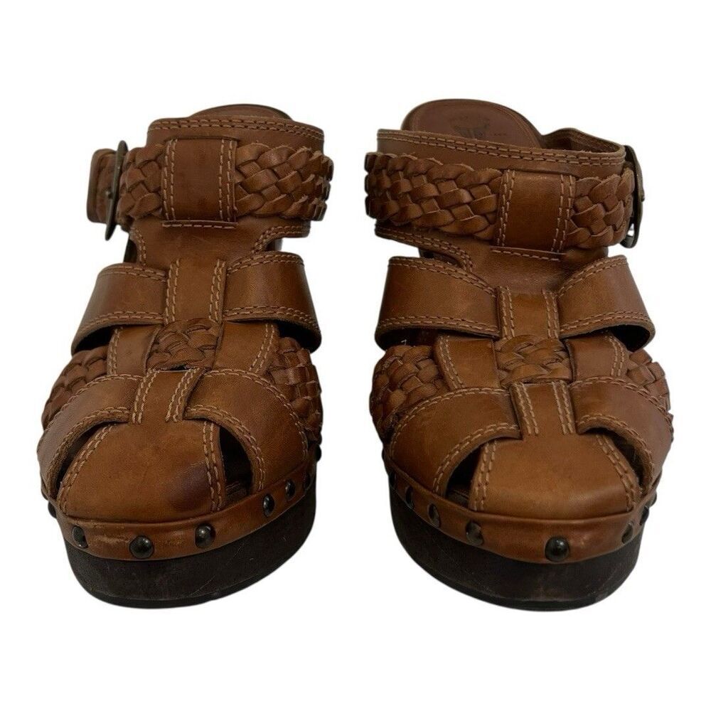 Frye Womens Size 8.5 Woven Leather Sandals Brown Wood Heel Boho Platform Clogs - Picture 2 of 8